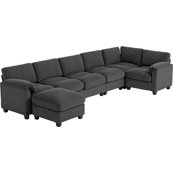 Homcom Canapé D'angle En U Canapé Avec Rembourrage à Ressorts Accoudoirs RembourréS Ottomane Mobile Velours CôTelé 292X224X85 Cm Gris Foncé-image