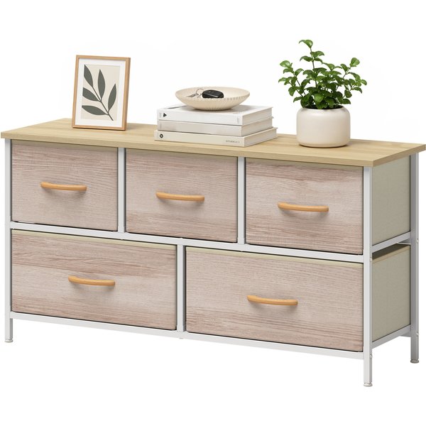 Homcom Commode 5 Tiroirs En Tissu Commode Pour Chambre Cadre En MéTal Meuble Pour Salon Bureau Naturel Et Blanc-image