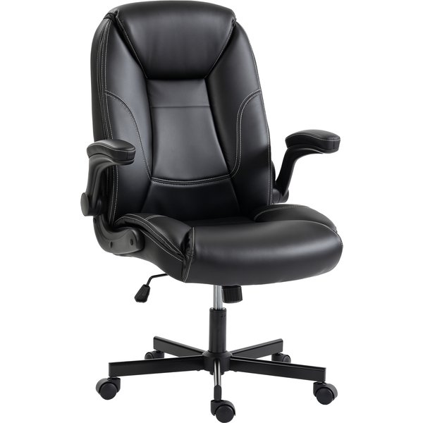 HOMCOM Ergonomischer Bürostuhl, PU-Sessel, hochklappbare Armlehnen, zonierter Sitz & Rücken, höhenverstellbar, Wippfunktion, 360° drehbar, Schwarz Aosom