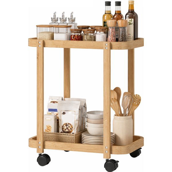 Homcom Desserte De Cuisine En Bambou 2 Niveaux Desserte Auxiliaire Pour Cuisine à Roulettes 2 éTagèRes 54X36,5X60 Cm Naturel-image