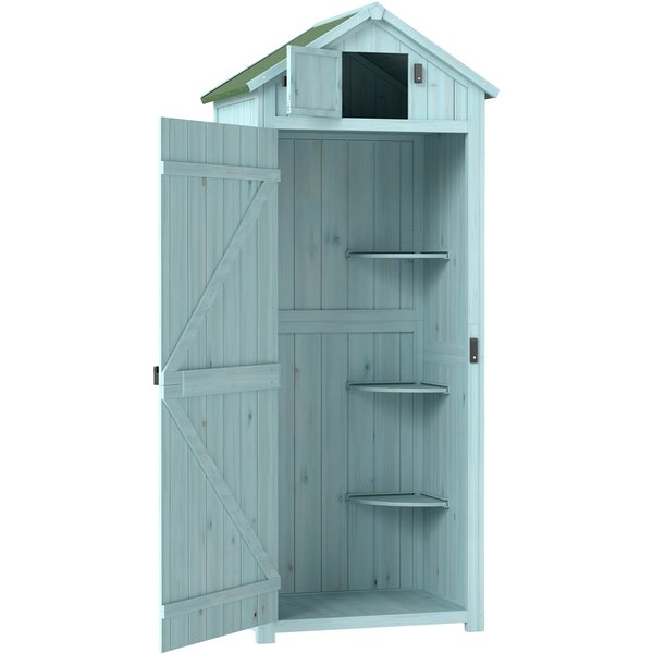 Outsunny Garden Shed Vertical Utility 3 Shelves Shed Wood Outdoor Garden Tool Storage Unit Storage Cabinet, 77 x 54.2 x 179cm - Blue | Aosom Ireland