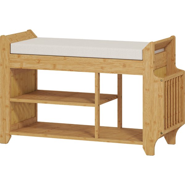 HOMCOM Schuhbank, Garderobenbank mit gepolstertem Sitz, seitliche Aufbewahrung, Stiefelablage, Bambusrahmen, für Eingang, Flur, Wohnzimmer, 80x30x50 cm, Natural y Beige Aosom