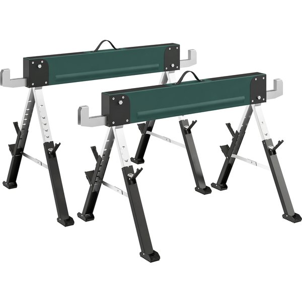 HOMCOM 2er-Set klappbare Metall-Sägeböcke, max. Traglast 1160 kg, tragbare Böcke, höhenverstellbar 64-81 cm, Tragegriff, 2x6-Aufnahme, für Heimwerken, Sägen, 116 x 64 x 81 cm, Grün Aosom