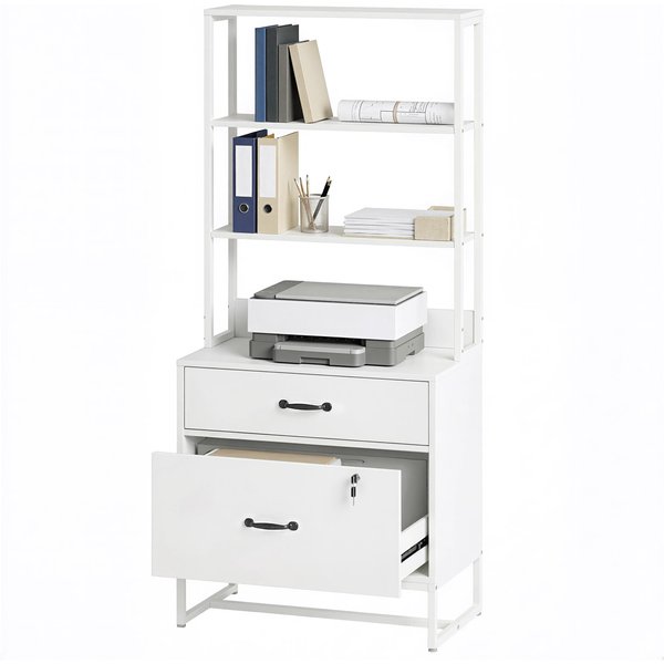 Homcom Meuble Classeur Avec éTagèRe, 2 Tiroirs, Plateau Pour Imprimante, Serrure, Compatible A4 Letter Legal, Blanc-image