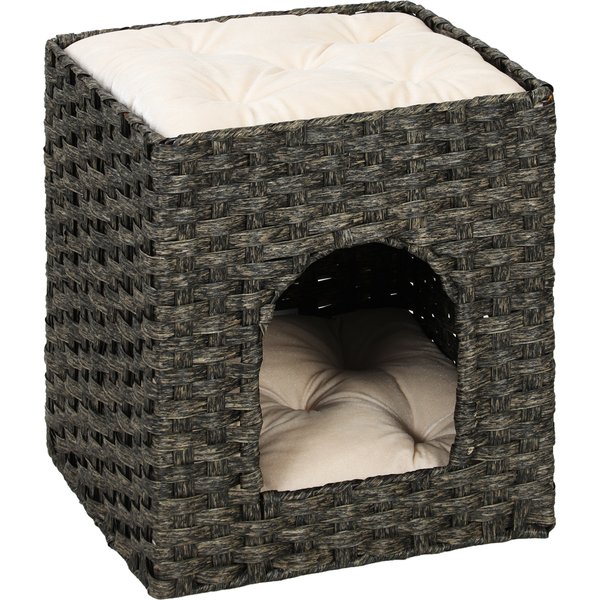 PawHut 2-Tier Wicker Cat House, Handwoven Rattan Cat Bed with Washable Cushions, Indoor Kitten Condo Hideaway | Aosom Ireland