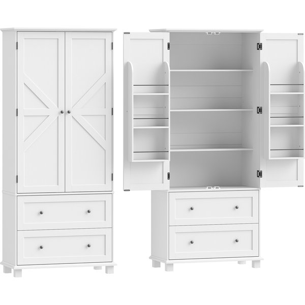HOMCOM Hoher Küchen-Vorratsschrank, Küchenschrank mit 2 Schubladen, 6 Türregalen, verstellbare Einlegeböden, Vorratsschrank für Wohn- und Esszimmer, 80x39,5x184,5 cm, Weiß Aosom