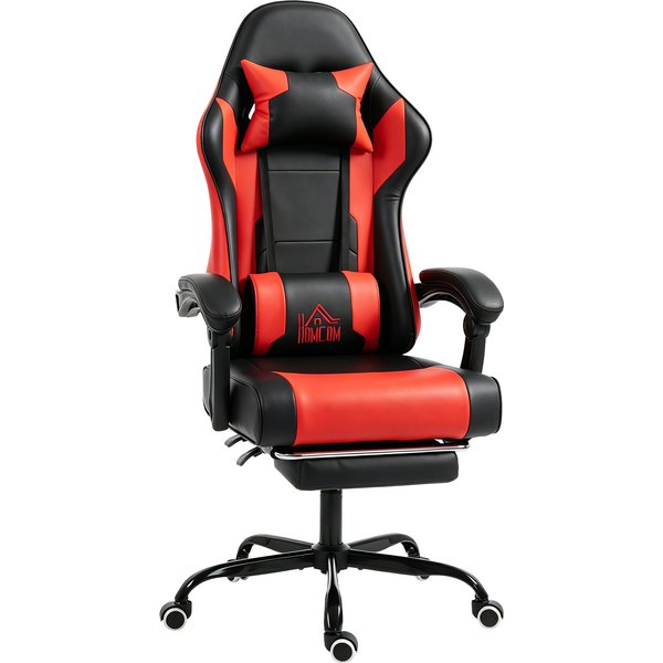 HOMCOM Ergonomischer Gaming-Stuhl, Gaming-Chair mit vibrierender Lendenmassage, bis 155° verstellbar, höhenverstellbar, Nackenkissen und ausziehbare Fußstütze, für Büro, Arbeitszimmer, Rot Aosom