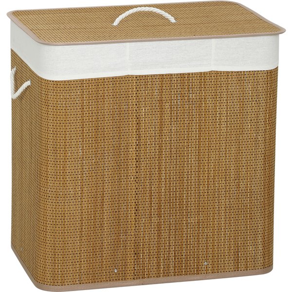 HOMCOM 3 Section Laundry Basket with Lid, 144L Bamboo Laundry Hamper with Handles, Removable and Washable Liner, Brown