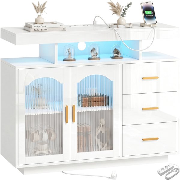 Homcom Buffet Avec Led Rgb 7 Couleurs Prises Ports Usb 3 Tiroirs éTagèRes Ouvertes 2 Portes Blanc Brillant 100X35X80 Cm-image