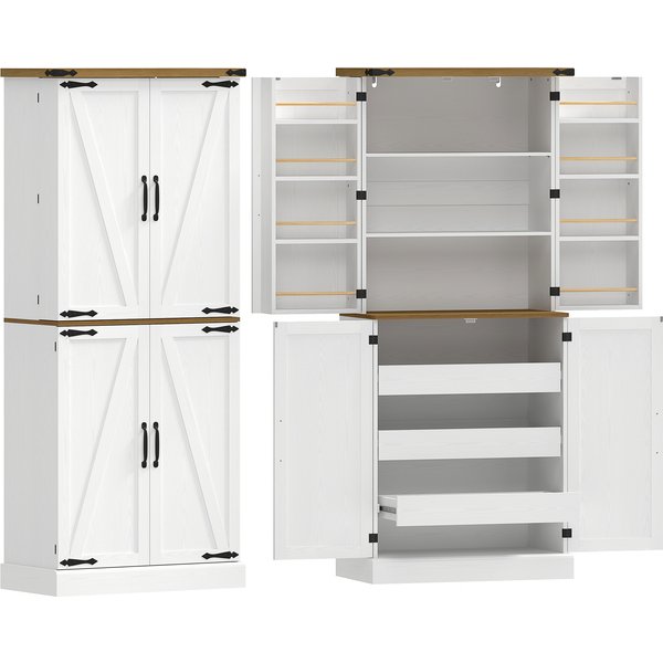HOMCOM Hoher Küchenschrank, Küchenschrank, Vitrinenschrank, 4 Türen, 3 Schubladen, 8 Gewürzhalter und verstellbare Regale, rustikaler Stil, Aufbewahrungsmöbel für Wohnzimmer, Esszimmer, 76x40x182cm, weiß Aosom