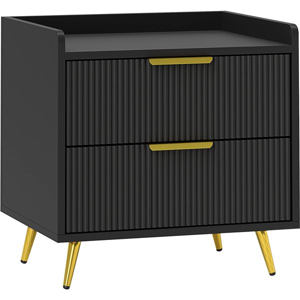 HOMCOM Nachttisch mit 2 gerillten Schubladen, goldfarbene Metallfüße, Nachtkästchen für Schlafzimmer, Wohnzimmer, 50 x 40 x 50 cm, schwarz Aosom