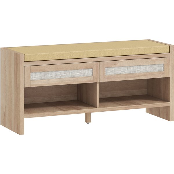 HOMCOM Schuhbank für Diele, Aufbewahrungsbank, gepolsterte Sitzfläche in Leinenoptik, 2 PE-Rattan-Schubladen und offenes Fach, Boho-Stil, für Flur, 108 x 35 x 50 cm, Eiche und hellbraun Aosom