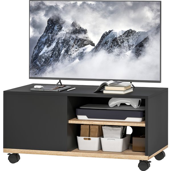 Homcom Meuble Tv Sur Roulettes Avec Freins, Meuble Tv Avec Placard Et éTagèRe RéGlable, Noir Et ChêNe-image