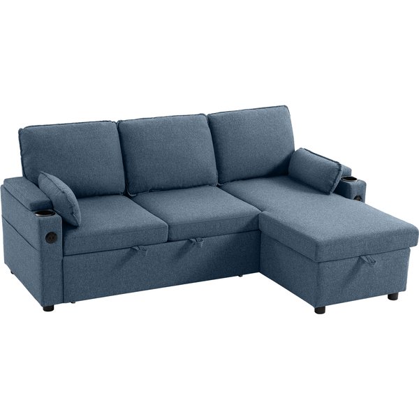 HOMCOM Corner Sofa Bed, L Shaped Sleeper Sectional Sofa with Reversible Storage Chaise, Blue