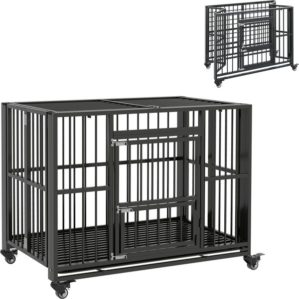 PawHut 43" Heavy Duty Dog Crate, Foldable Dog Cage, with Openable Top, Locks, Removable Tray, Wheels - Black | Aosom Ireland
