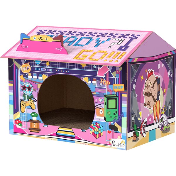 PawHut 2 in 1 Gaming Style Cardboard Cat House with Scratching Board & Catnip for Indoor Cats, Pink | Aosom Ireland