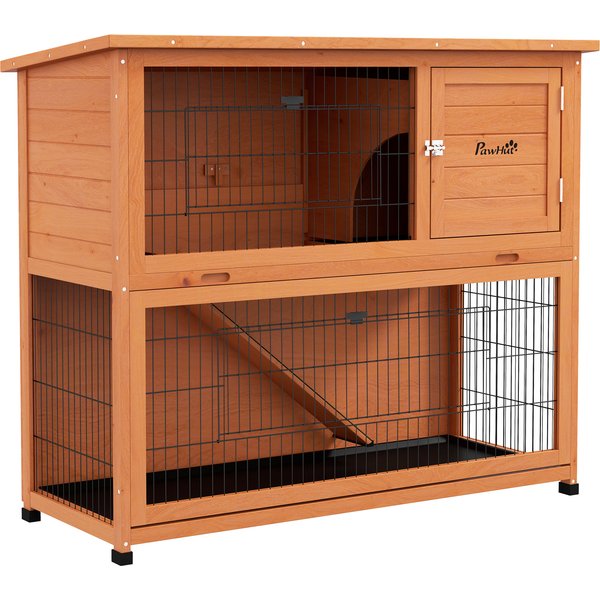 PawHut Two-Tier Antiseptic Wood Rabbit Hutch, 102cm Guinea Pig Hutch with Run - Orange | Aosom Ireland