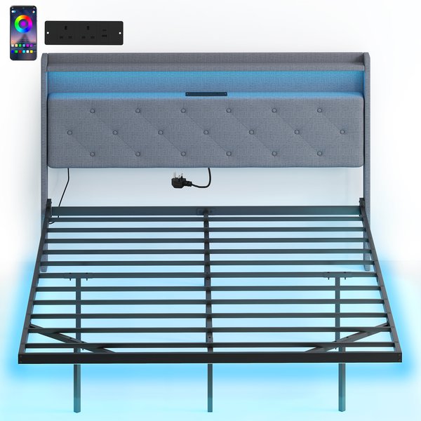 HOMCOM Floating Bed Frame, Upholstered 5ft King Size Bed, Platform Bed with RGB LED Lights and Charging Station, Grey | Aosom Ireland