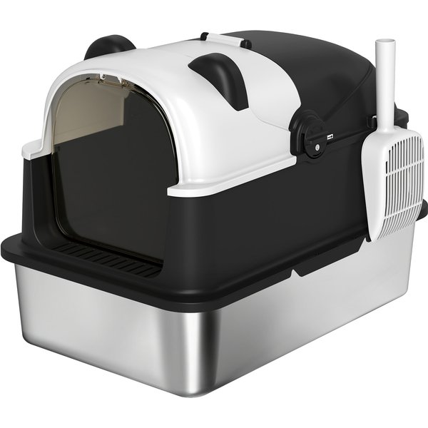 PawHut Panda Style XL Stainless Steel Cat Litter Box with Lid, Enclosed Kitty Litter Box with Scoop, 60 x 40 x 45 cm | Aosom Ireland