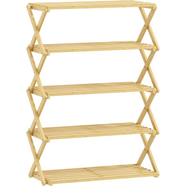 HOMCOM Five-Tier Folding Bamboo Shoe Rack - Natural Finish | Aosom Ireland