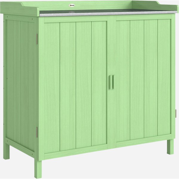 Outsunny Wood Garden Storage Cabinet, Outdoor Tool Shed, Potting Bench Table with galvanised Top and Two Shelves for garden Tools or Pool Accessories, Green | Aosom Ireland