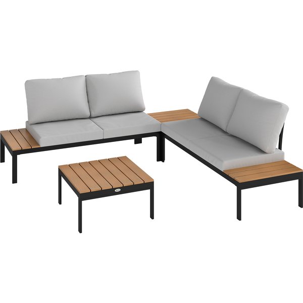 Outsunny Four-Piece Garden Corner Sofa Set with 2 Loveseats and 2 Coffee Tables - Teak | Aosom Ireland