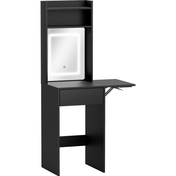 HOMCOM Small Vanity Desk with Mirror and LED Lights, Compact Dressing Table with Drop Leaf, Open Shelves and Drawer, Black | Aosom Ireland
