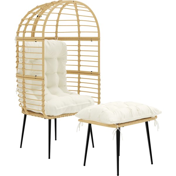 Outsunny Garden Egg Chair with Footstool, Rattan Indoor Outdoor Lounge Chair and Ottoman Set with Thick Cushions, Beige | Aosom Ireland