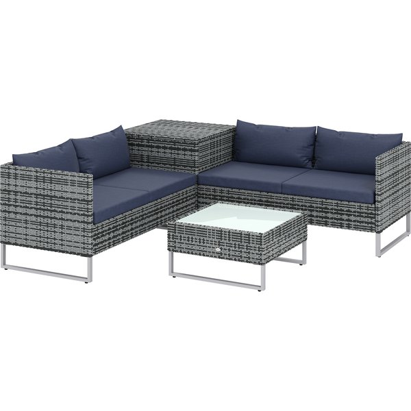 Outsunny 4 Piece Rattan Garden Furniture Set, Outdoor Corner Sofa Set with Storage Table, Loveseats, Cushions - Dark Blue | Aosom Ireland