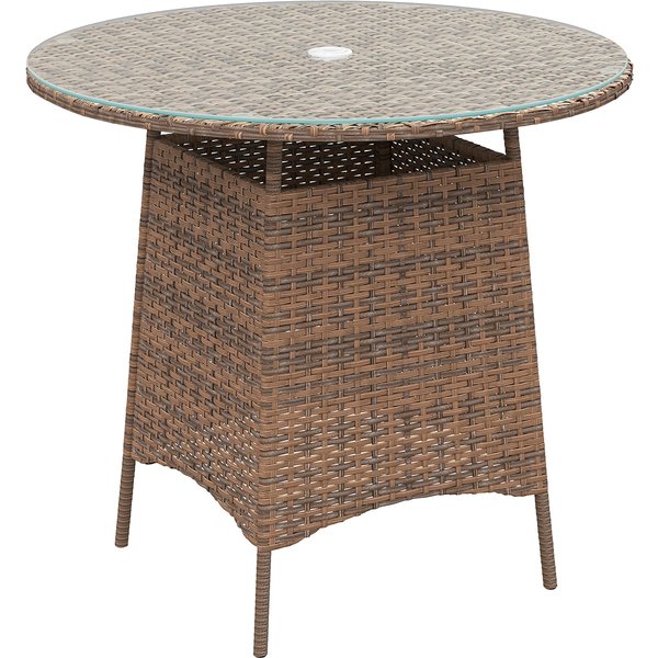 Outsunny Wicker Garden Rattan Table, Patio Furniture Outdoor Coffee Table with Umbrella Hole and Tempered Glass Top, Brown | Aosom Ireland