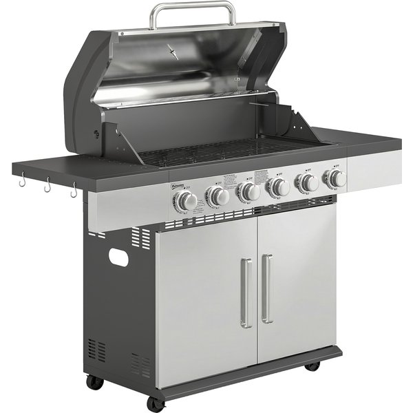 Outsunny 6 Burner Liquid Propane Gas BBQ Grill, Outdoor Portable Gas Barbecue Grill with Warming Rack, Side Tables, Cabinet | Aosom Ireland