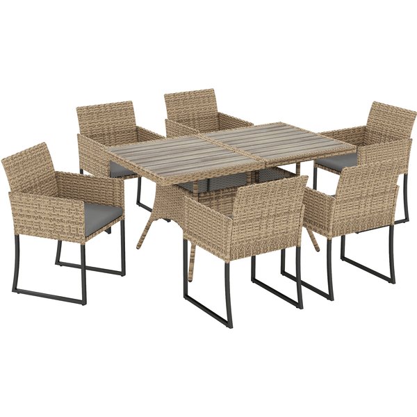 Outsunny 7 Piece Rattan Garden Furniture Set, Garden Dining Set with Wood-Plastic Table and 6 Stackable Chairs, Dark Grey | Aosom Ireland