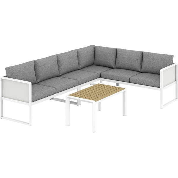 Outsunny 6 Seater Metal Garden Furniture Corner Sofa Set with 3 Loveseats, Faux Wood Table, Texteline Seat, Cushions, White | Aosom Ireland