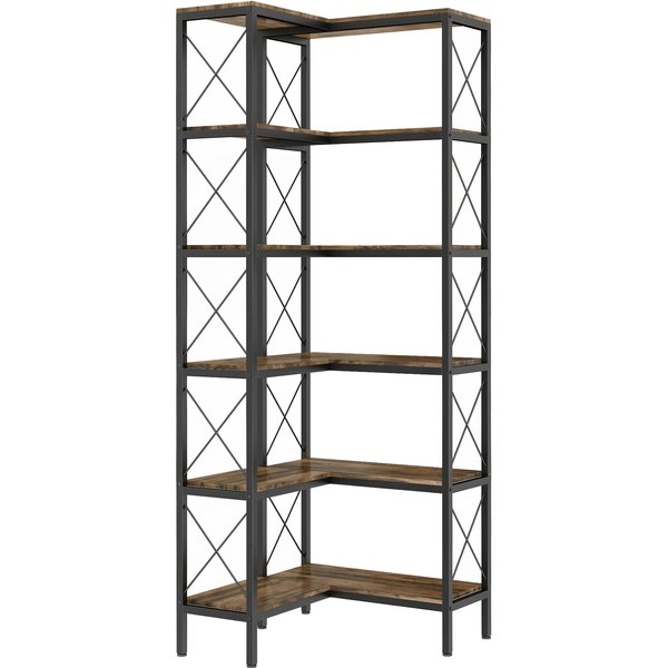HOMCOM 5-Tier L-Shaped Bookshelf, Freestanding Corner Bookcase with Metal Frame, Rustic Brown | Aosom Ireland