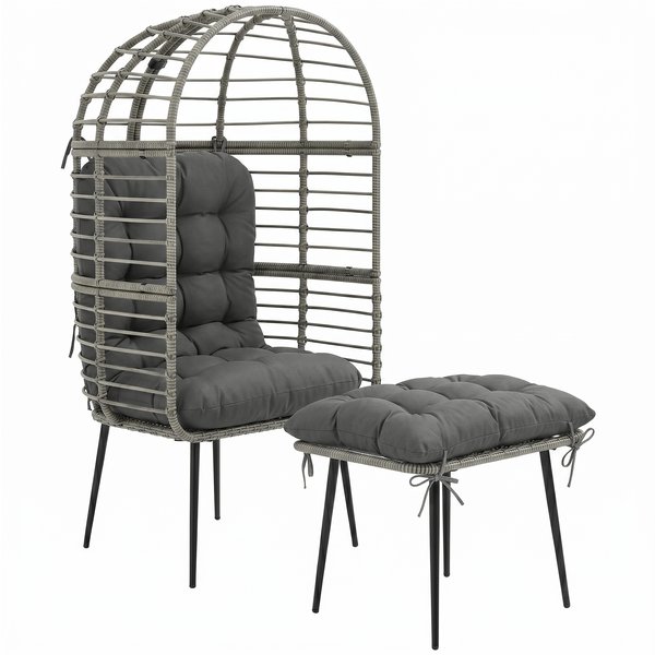 Outsunny Garden Egg Chair with Footstool, Rattan Indoor Outdoor Lounge Chair and Ottoman Set with Thick Cushions, Light Grey | Aosom Ireland