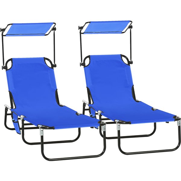 Outsunny Set of Two Folding Sun Loungers, with Adjustable Backs and Sun Canopies - Blue | Aosom Ireland