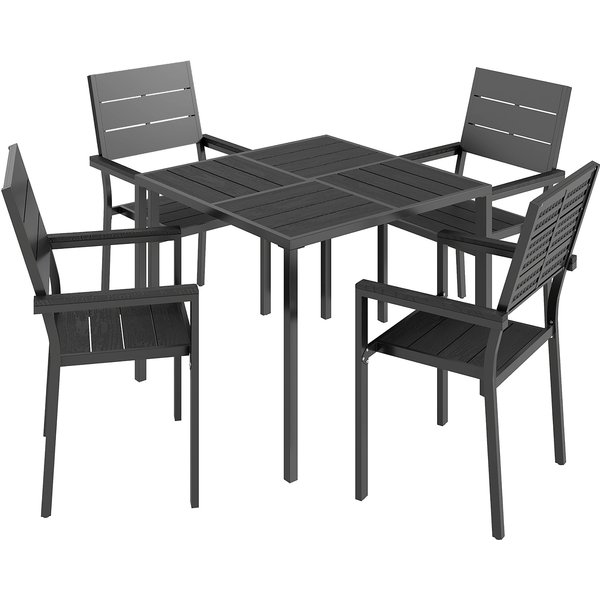 Outsunny 5 Pieces Garden Dining Set, Garden Table and Chairs Set for 4 with Square HDPE Table and Chairs with Armrests, Black | Aosom Ireland