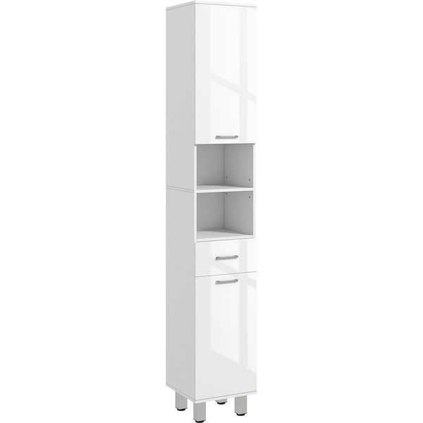 kleankin 71" Tall Slim Bathroom Storage Cabinet, Tall Narrow Cupboard with Drawer, Open Shelves, 2 Doors Cabinets and Adjustable Shelves for Kitchen, Hallway, Living Room, High Gloss White | Aosom Ireland