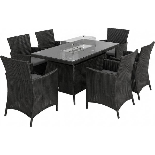 Outsunny 7 Pieces Outdoor Rattan Garden Furniture with Fire Pit Table, 6 Seater Garden Table and Chairs with Cushions, Rattan Dining Set with Propane Heater Table, Windscreen, 50,000 BTU, Black | Aosom Ireland