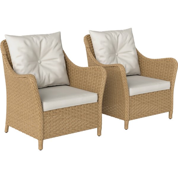 Outsunny Rattan Garden Chairs Set of 2, Outdoor Rattan Chairs with Cushions, Armrests and High Back, PE Wicker Garden Armchair with Steel Frame for Balcony, Porch, Beige | Aosom Ireland