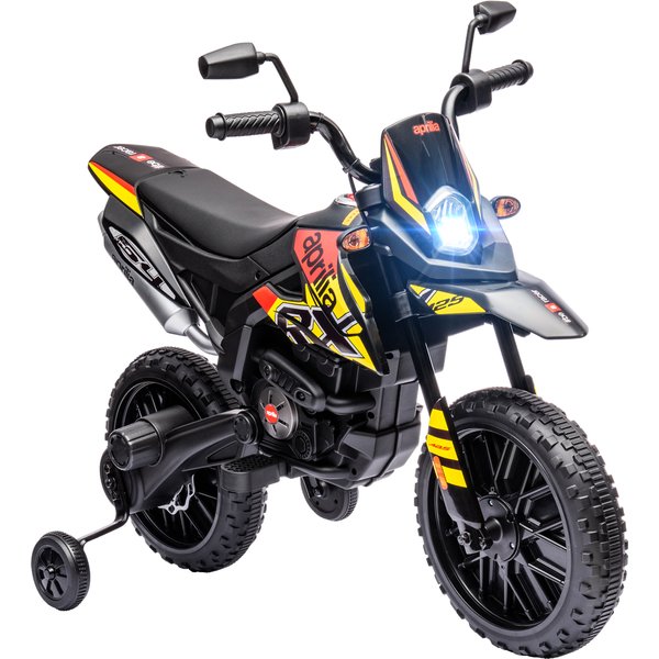AIYAPLAY 12V Aprilia Licensed Kids Motorbike with Training Wheels, Spring Suspension, LED Headlight, USB, Music, Yellow/black | Aosom Ireland