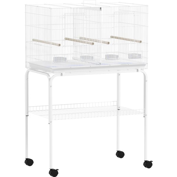 PawHut Bird Cage with Divider, 4 Wooden Perches, Slide Out Tray, 4 Feeders, for Budgie, Lovebird, Canary, 76 x 46 x 116cm White | Aosom Ireland