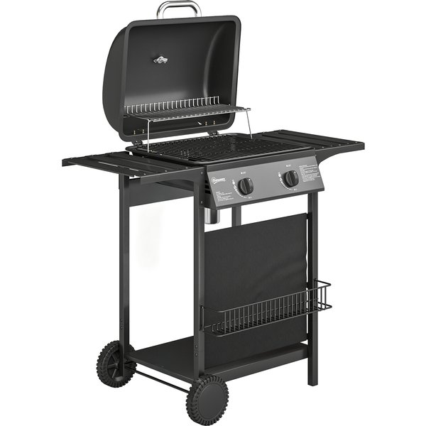 Outsunny Gas Burner Barbecue Grill, 2 Burner Gas Grill with Side Tables, Warming Rack, Shelf, Thermometer, Grease Tray, Black | Aosom Ireland