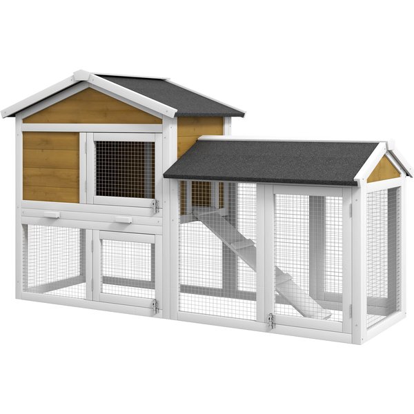 PawHut Wooden Rabbit Hutch Outdoor, Double Tier with Water-Resistant Roof, Ramp 147 x 54 x 84 cm, Yellow | Aosom Ireland