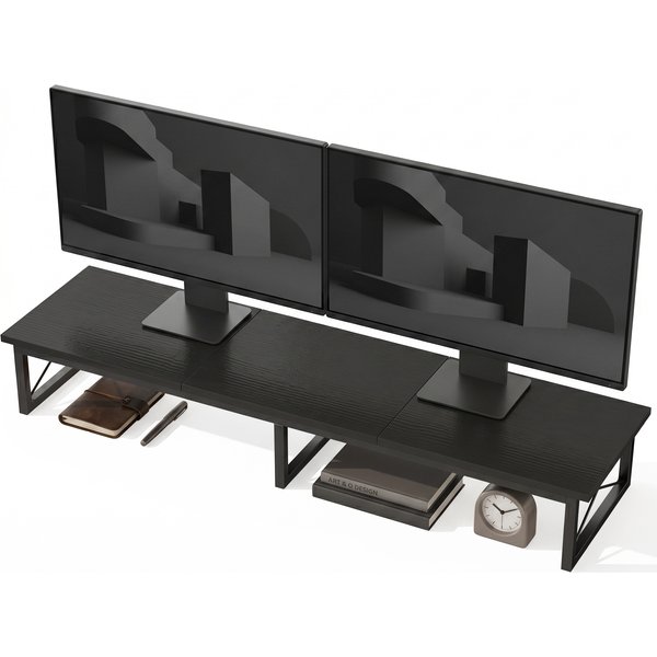 Homcom Support Moniteur Bureau, Rehausseur En Bois Avec 2 Compartiments De Rangement, Noir-image