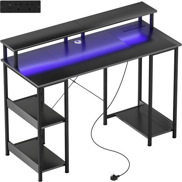 HOMCOM LED Computer Desk, with Power Outlets and Shelves - Carbon Fibre Grey | Aosom Ireland
