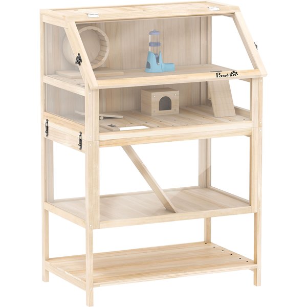 PawHut Wooden Hamster Cage with Detachable Lower Floor, Storage Shelf, Hut, Seesaw, Exercise Wheel, Ramps for Hamster | Aosom Ireland