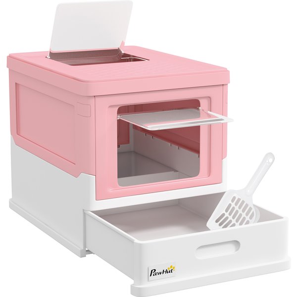 PawHut Hooded Cat Litter Box, Portable Pet Toilet, with Scoop, Front Entry - Pink | Aosom Ireland