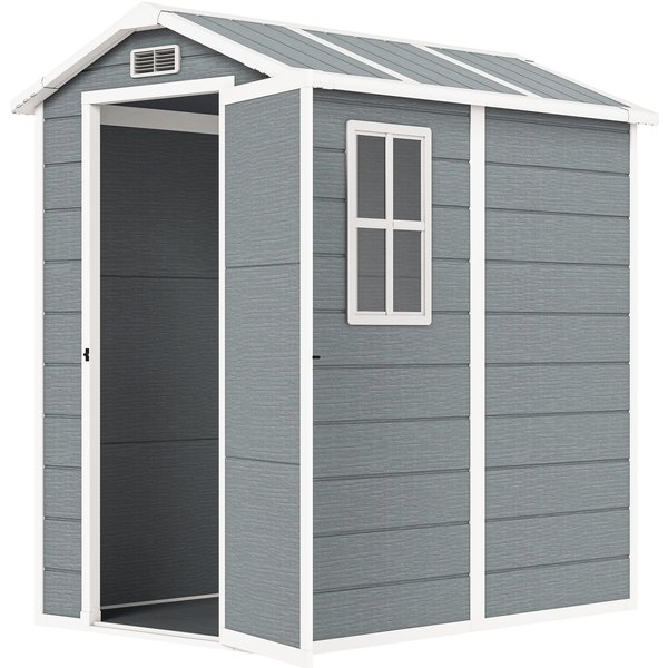 Outsunny 4 x 6ft Garden Shed, Plastic Shed with Floor, Window, Lockable Door and Vents, Resin Tool Shed for Outdoor Patio Storage, Zero Maintenance, Grey | Aosom Ireland