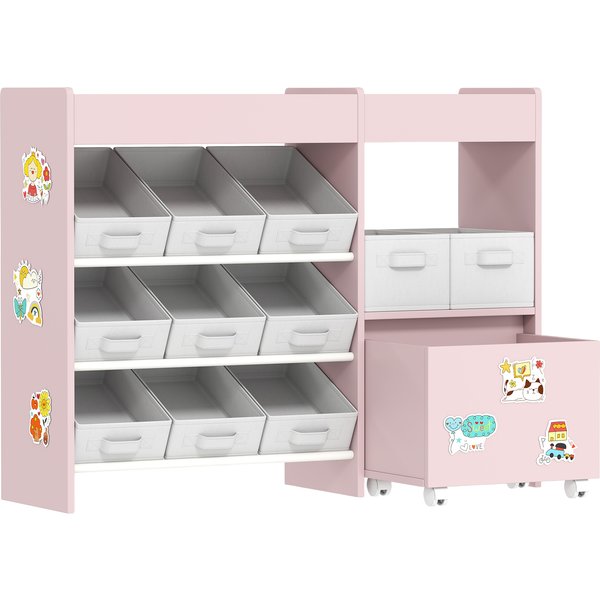 AIYAPLAY Kids Toy Storage Unit with 11 Bins, Cabinet, Top Shelves, 3 Stickers, for Nursery, Playroom, Pink | Aosom Ireland